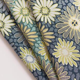 棉麻田园风小雏菊蓝色布料色织提花高精密绿色雪尼尔混纺耐磨面料