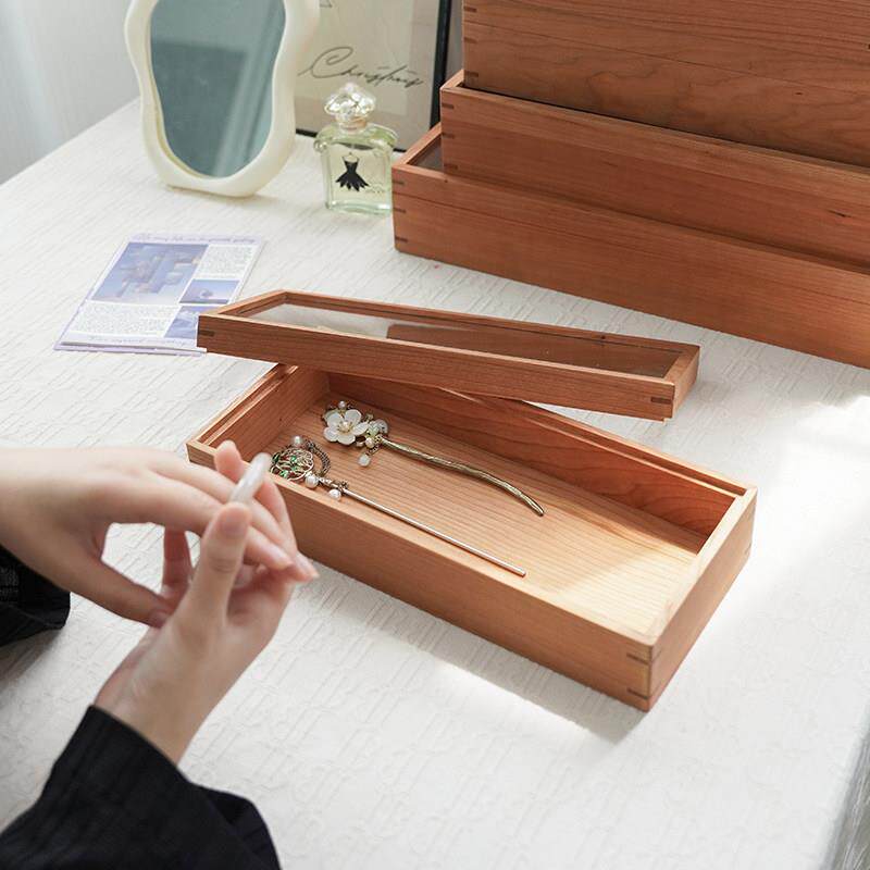樱桃木收纳盒带玻璃盖防尘收藏品展示盒北欧风实木桌面杂物整理箱