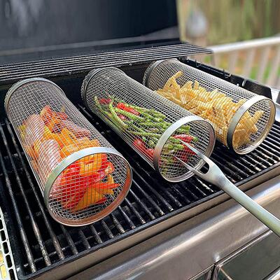 户外烧烤架烧烤篮圆形烧烤笼户外BBQ烟熏笼多功能烧烤网旋转滚筒