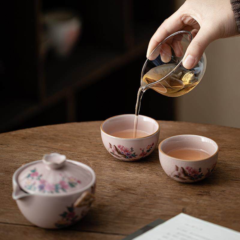 粉汝花猫一壶二杯旅行茶具陶瓷开片手抓壶茶杯户外露营便携泡茶器