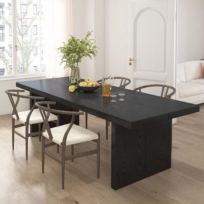 新中式黑色实木餐桌客厅岛台长大板全实木接待洽谈会议桌椅组合