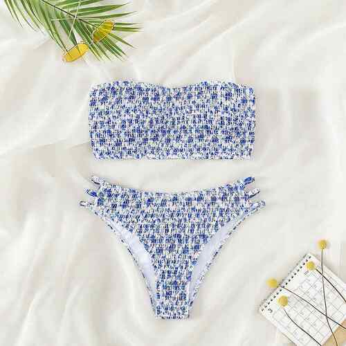 Floral strapless split swimsuit for women, beach bikini