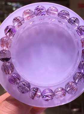 天然彼岸花红超七手链 金草莓晶紫红发晶单圈圆珠手串珠链规格9mm