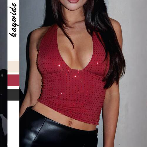 Plain Color Casual Backless Halter Neck Top With Sequins