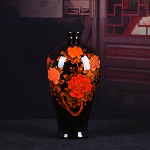 新款直销陶瓷花瓶摆件 黑色花开富贵牡丹赏瓶 水晶釉工艺品代销