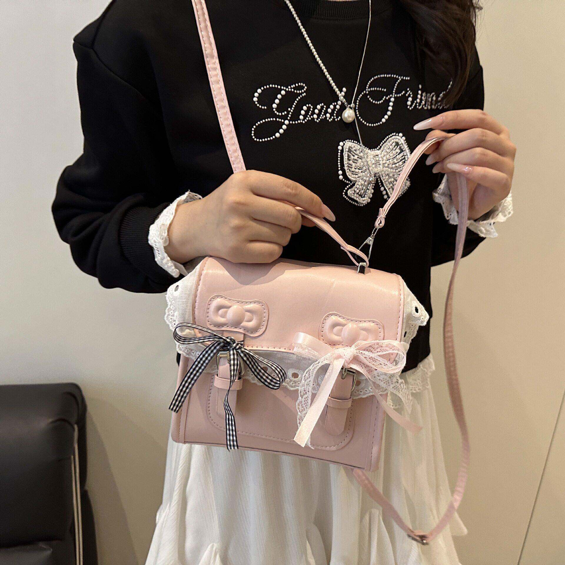 包盖式斜挎包少女甜美韩版百搭双肩包PU方包蕾丝蝴蝶结肩包女包