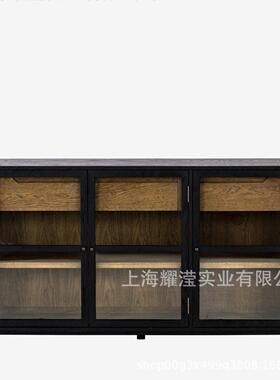 RH美式餐边柜复古做旧玄关柜客厅电视柜落地储物柜透明玻璃门橱柜