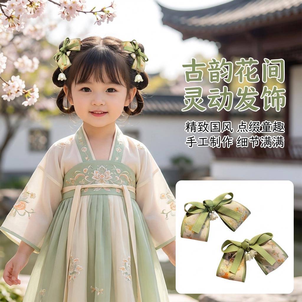 古风发夹铃兰蝴蝶结头饰儿童新款汉服配饰女童发卡国风新中式发饰