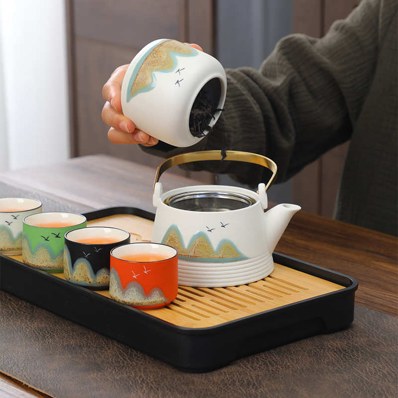 国潮远山旅行功夫茶具家用简约泡茶壶陶瓷茶杯户外茶盘便携包套装