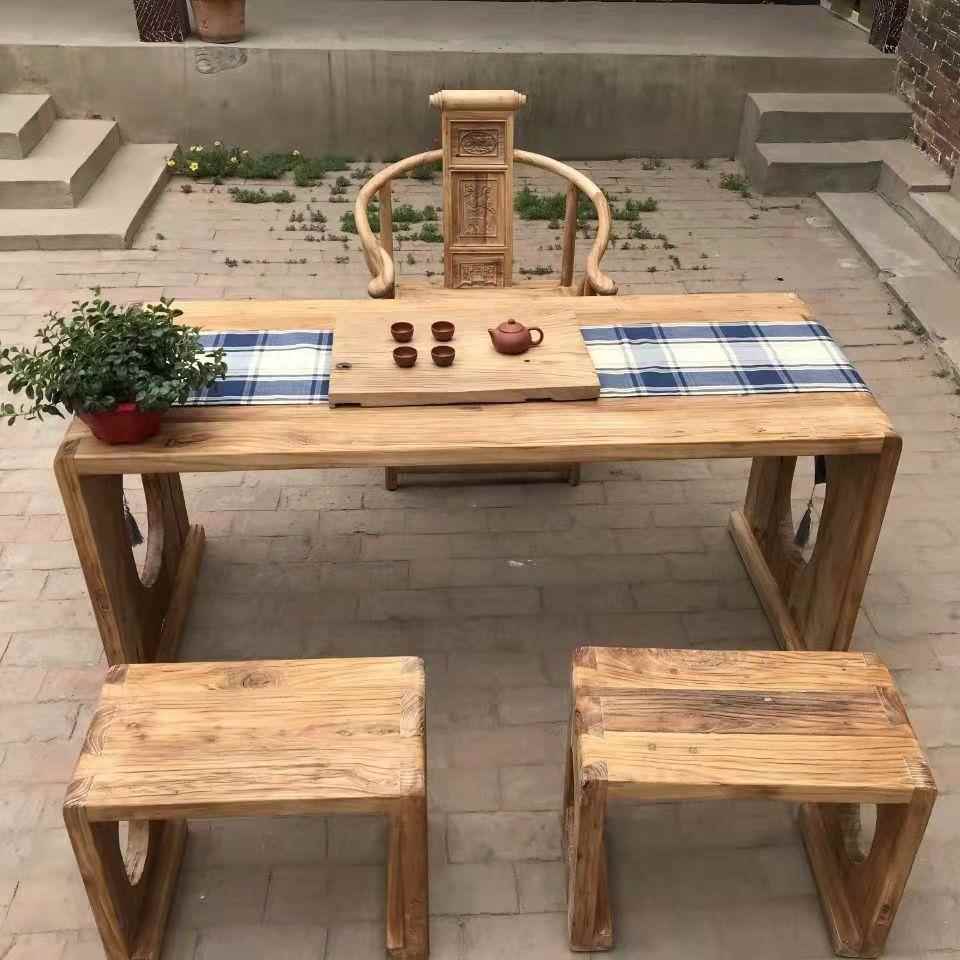 老榆木茶桌门板风化榆木餐桌家具复古怀旧长方形桌子凳子组合