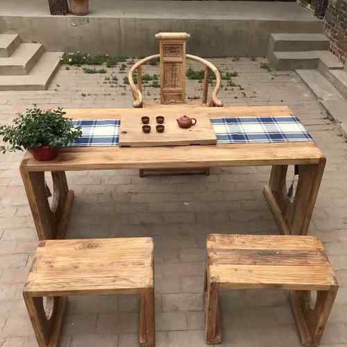 老榆木茶桌门板风化榆木餐桌家具复古怀旧长方形桌子凳子组合