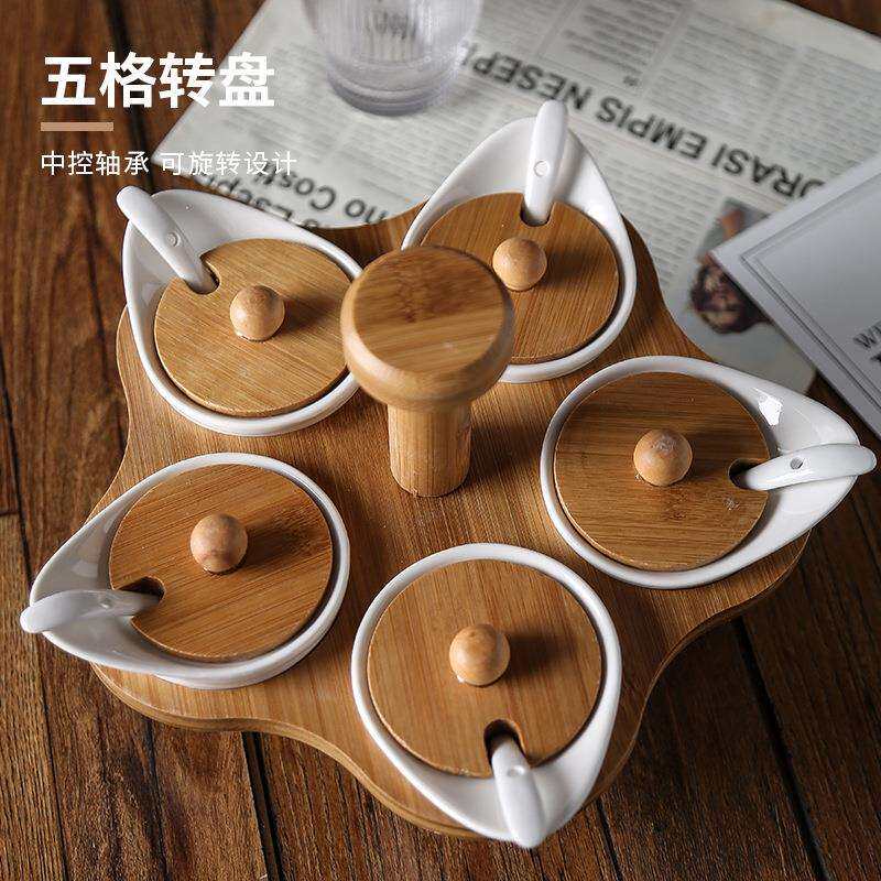 欧式陶瓷调味罐套装带竹盘家用收纳味精盐佐料调料罐陶瓷罐五件套