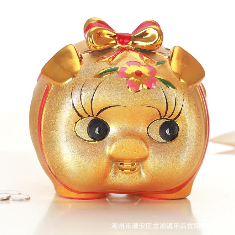 新款直销陶瓷金猪存钱罐美女猪少女储蓄罐摆件房间客厅装饰小号工