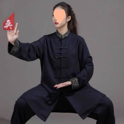 太极服男新款棉麻撞色太极拳练功服女武术服装表演服春秋套装
