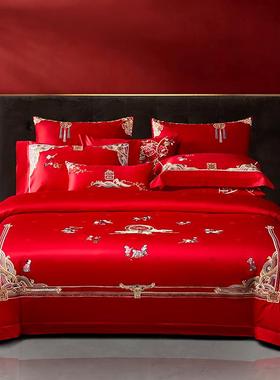 86m0140s刺绣婚喜件套被子结婚大红色房四床上婚庆件套支六十