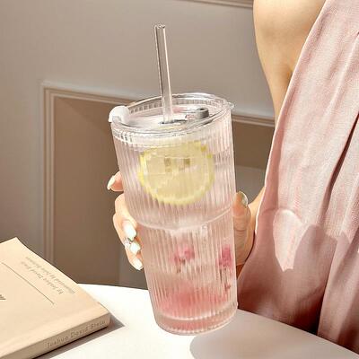 风大容量带盖带吸管竖纹玻璃杯水果茶杯喝水杯冰咖啡杯饮品杯