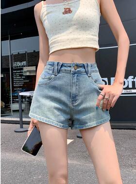 超短美式浅蓝色显瘦小众弹力高腰辣妹牛仔短裤女夏季薄款a字热裤