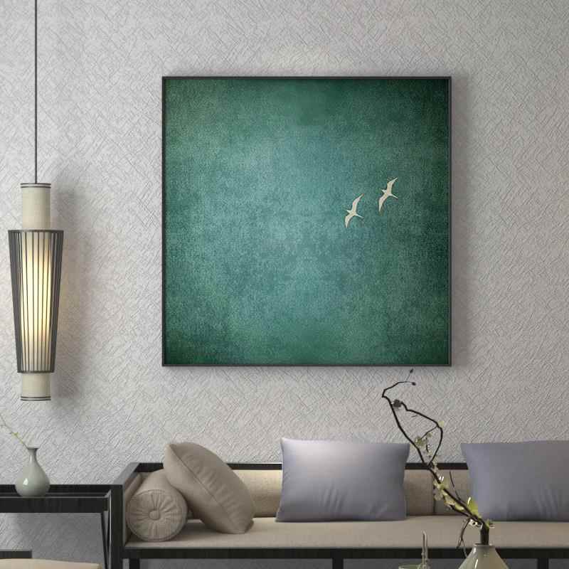 新中式装饰画蓝色极简象留白飞鸟奢厅玄抽关背景壁画轻方形挂WOA图片