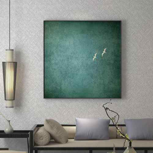 新中式装饰画蓝方色极简鸟抽象留白玄飞轻奢客厅关WHE背景壁画形