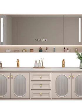 x9p轻奢美式岩板一体无缝盆浴室柜组合奶油风卫生间双盆洗漱台盆