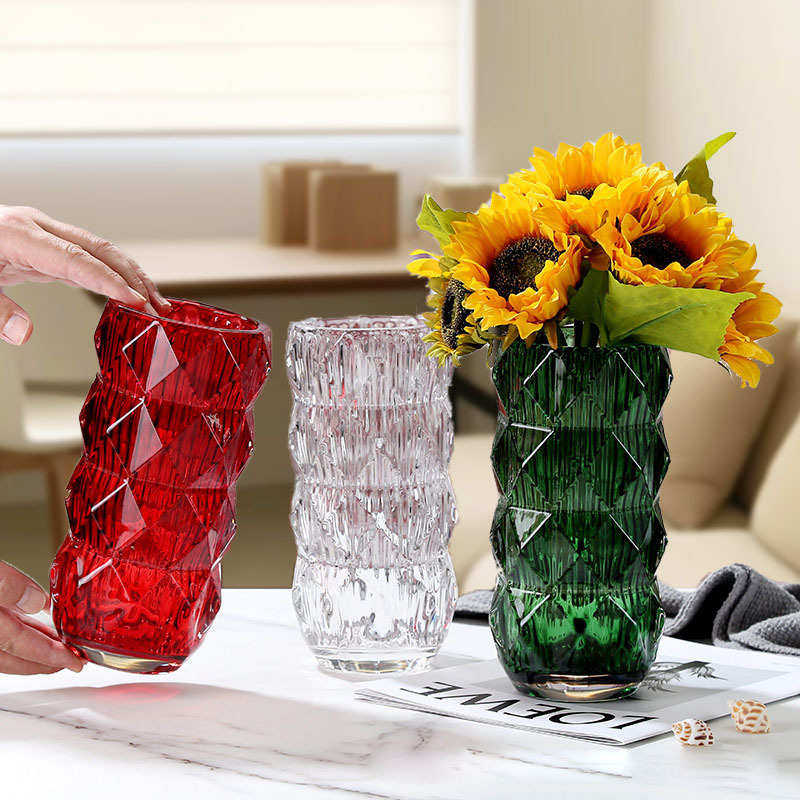 圆形璀璨圆柱形玻璃花瓶摆件客厅插花透明客厅餐桌插花花器高级感