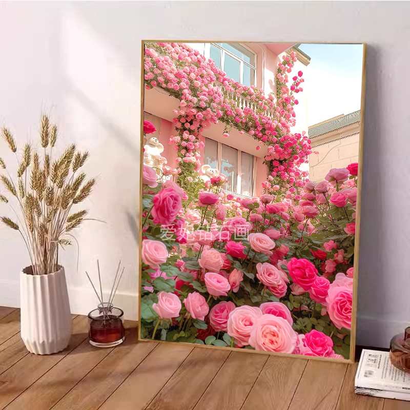 走廊玄关DIY方钻满钻钻石画粉玫瑰庭院花园别墅手工贴钻十字绣