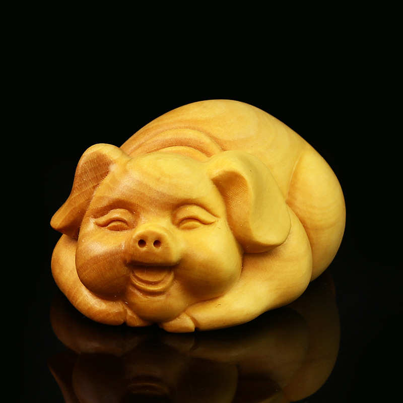 黄杨木雕动物小猪摆件手把件雕刻工艺礼品家居饰品木刻茶宠福气猪