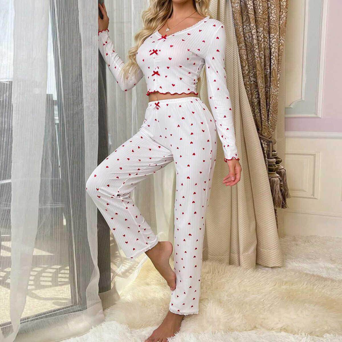 卷边爱心V领长袖睡衣长裤套装 Love V-neck Pajama Pants Set
