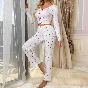 Love neck 卷边爱心V领长袖 Pants 套装 Pajama Set 睡衣长裤