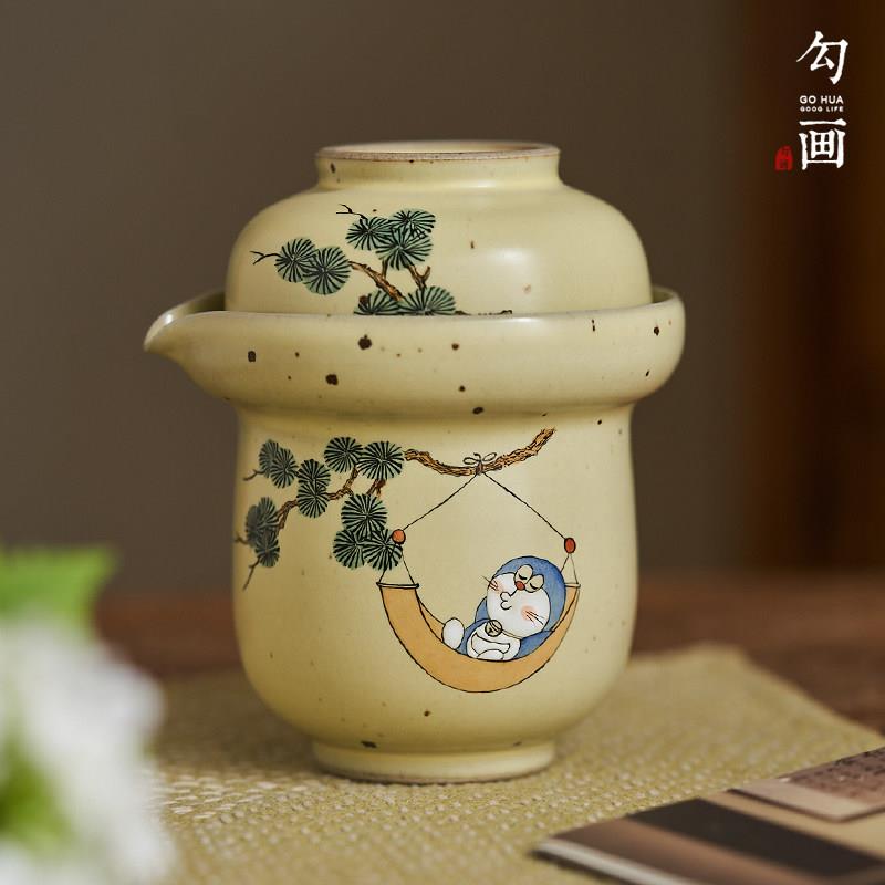景德镇手绘哆啦A梦快客杯女士茶具一壶一杯茶壶一人饮陶瓷手抓壶图片