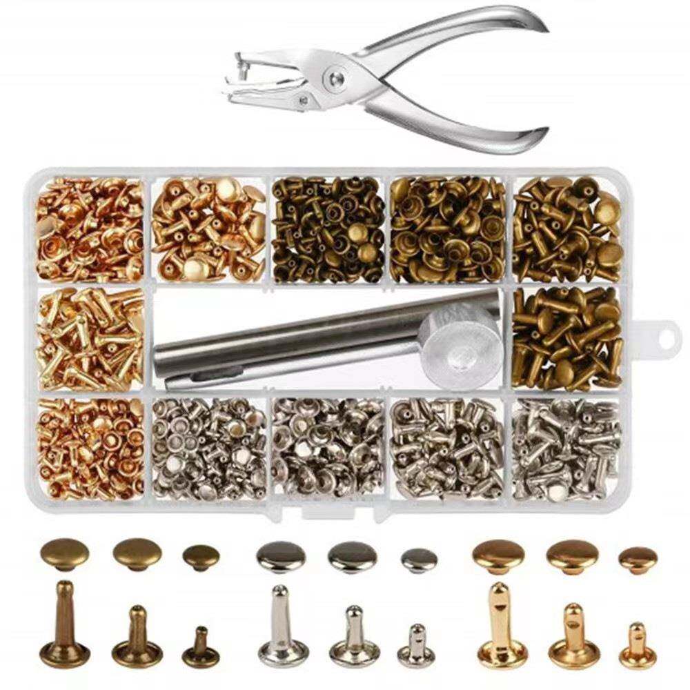 供跨境300套双面铆钉3色3规格+安装工具钳子柳钉圆形装饰箱包配件
