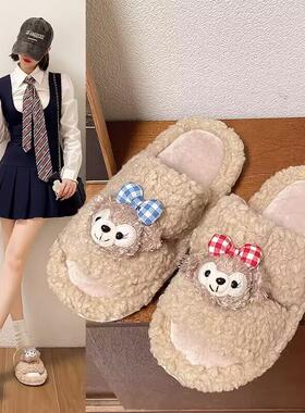 秋冬季爱卡通毛绒保暖居家室内棉拖鞋女一字防滑毛毛拖鞋女冬天