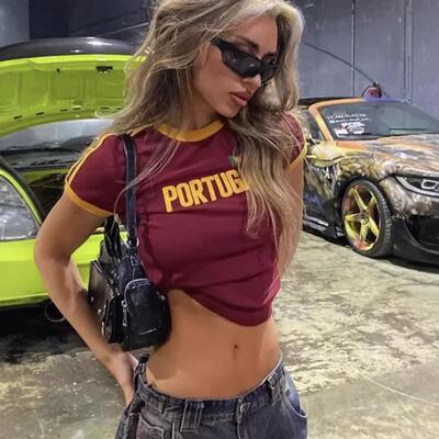 Striped letter hot exposed navel short T-shirt shorts