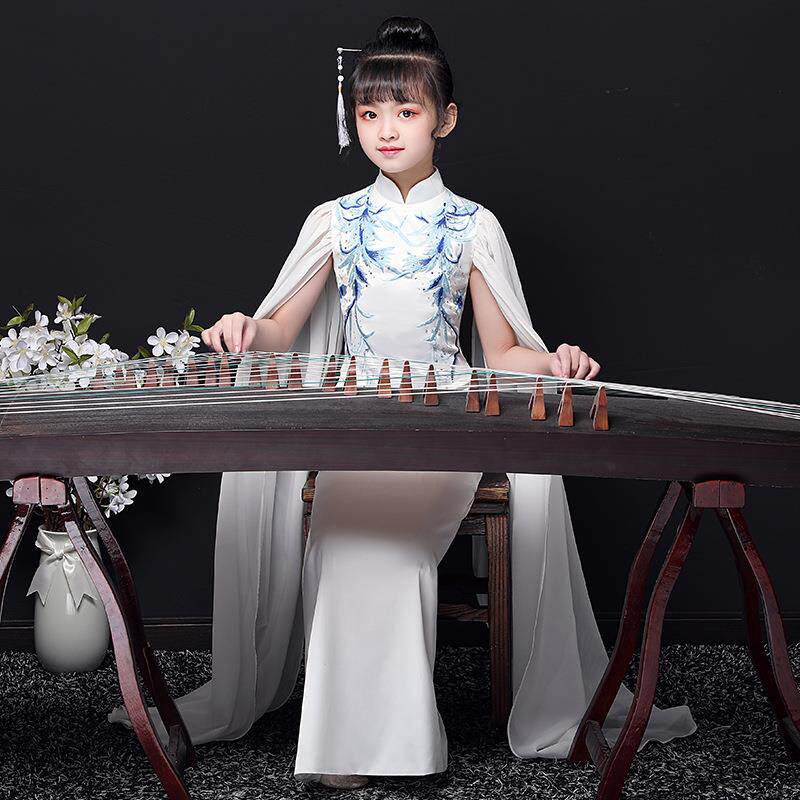 儿童古筝演出服新款女童礼服夏季中国风水袖旗袍走秀演出汉服定制