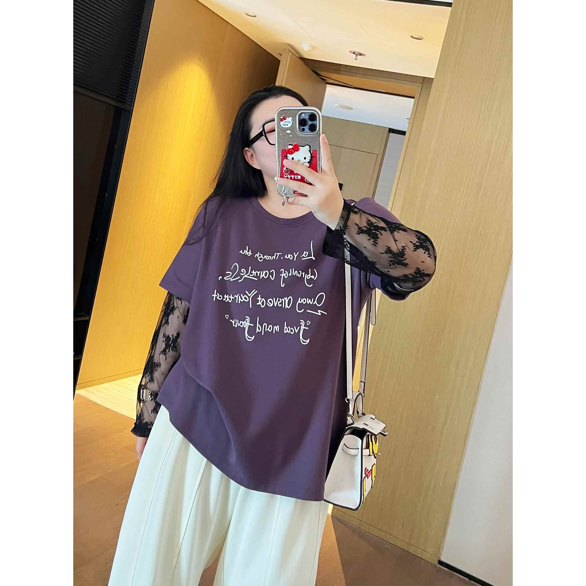 设计感假两件蕾丝袖子圆领长袖T恤衫200斤胖mm宽松字母内搭上衣女