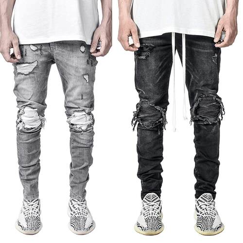 Men's Elastic Long Pants Ripped Knee Patches Fashion Slim
