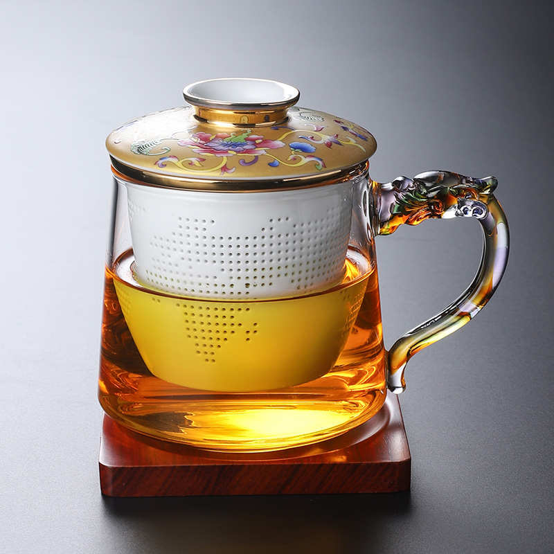 宫廷风珐琅彩耐热玻璃茶杯泡茶杯过滤茶水分离陶瓷内胆龙把手茶杯