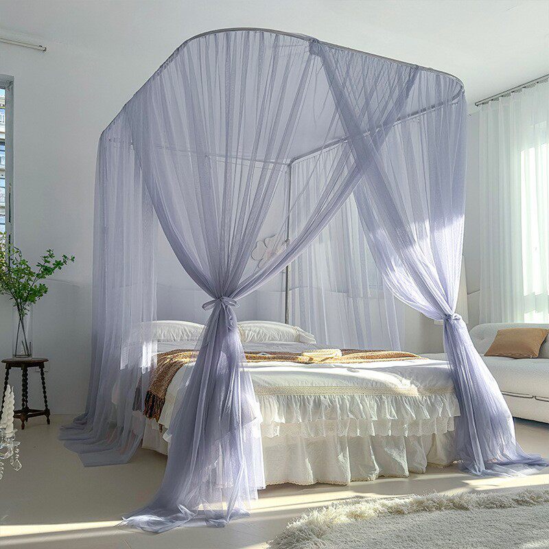 2024新款U型钓鱼竿蚊帐加厚伸缩不锈钢支架三开门落地公主风