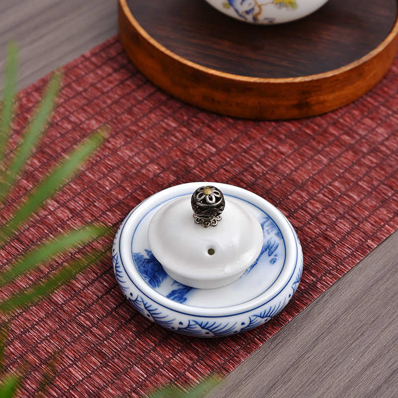 陶瓷青花盖置圆形青花盖置杯垫鼓型盖子托架功夫茶具配件茶台摆件