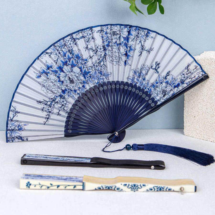 丝艺堂女士扇子中国风青花瓷古典古风折扇女式舞台道具工艺扇