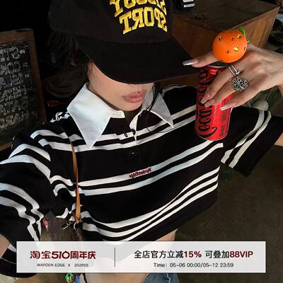 韩好甜WARDEN EDGE黑色条纹短袖T恤女夏辣妹polo领短款设计感上衣