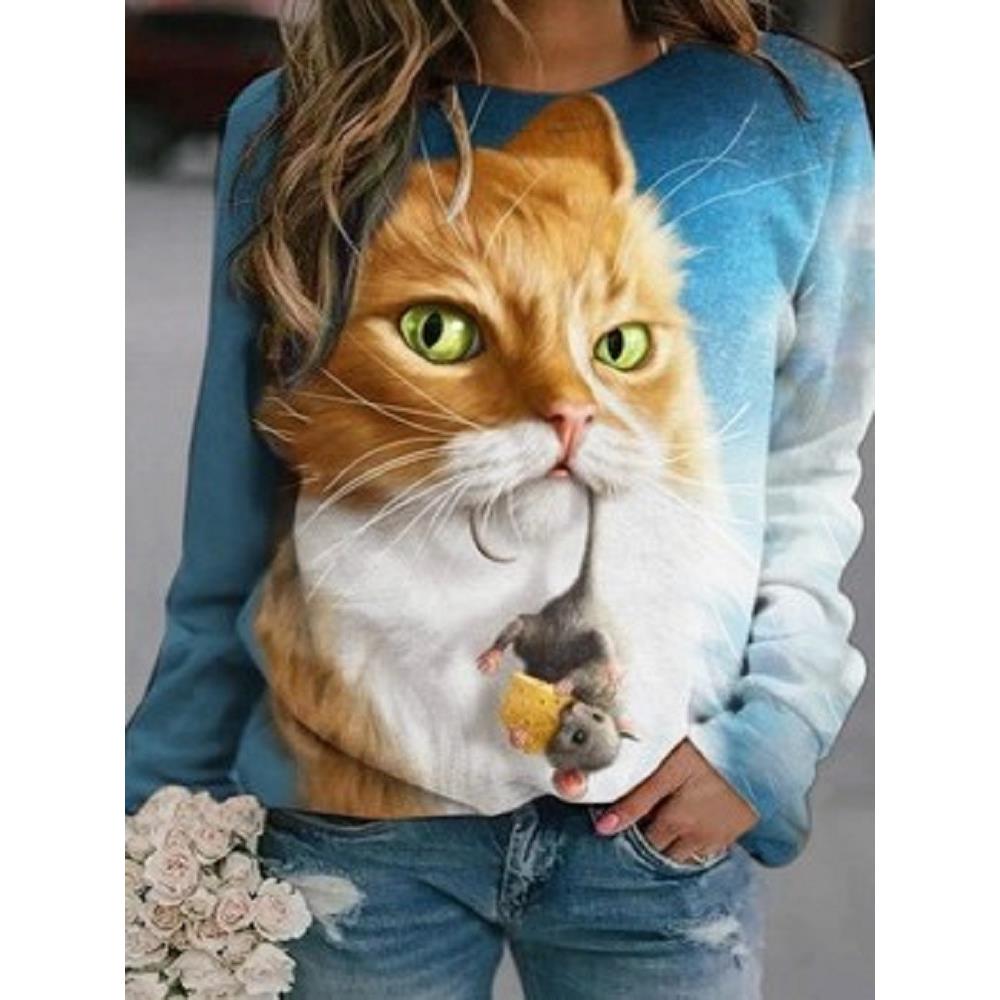 Fashion womens loose round neck animal cat digital