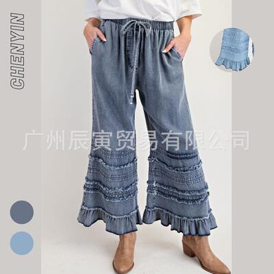 Ladies' flowing ruffled denim wide leg pants