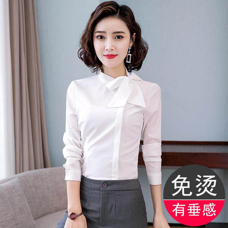 前台工作服白衬衫女长袖春秋季时尚气质上班服女士蝴蝶结衬衫套装