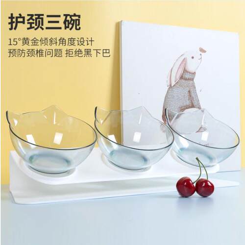 跨境爆款猫盆多猫家喂食器护颈倾斜防打翻饮水黑碗大口径三碗猫碗