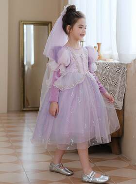 儿童公主连衣裙紫色万圣节女童冰雪奇缘秋季生日礼服艾莎蓬蓬裙子
