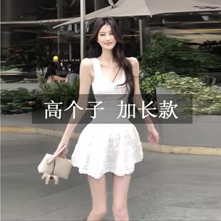 高个子172加长版夏季白色无袖冰丝吊带连衣裙气质收腰显瘦a字短裙
