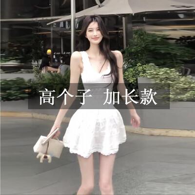 高个子172加长版夏季白色无袖冰丝吊带连衣裙气质收腰显瘦a字短裙