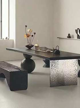 侘寂多人风办公桌椅碳化黑色实木桌工作台亚克力悬浮桌原木大板桌