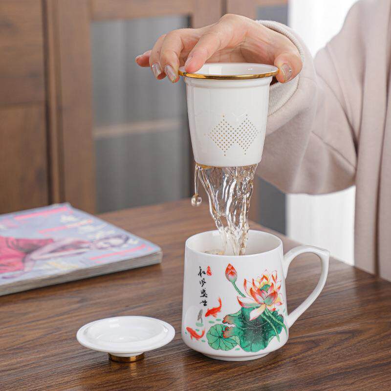 羊脂玉白瓷描金商务个人办公开会会议泡茶杯家用礼品水杯马克杯
